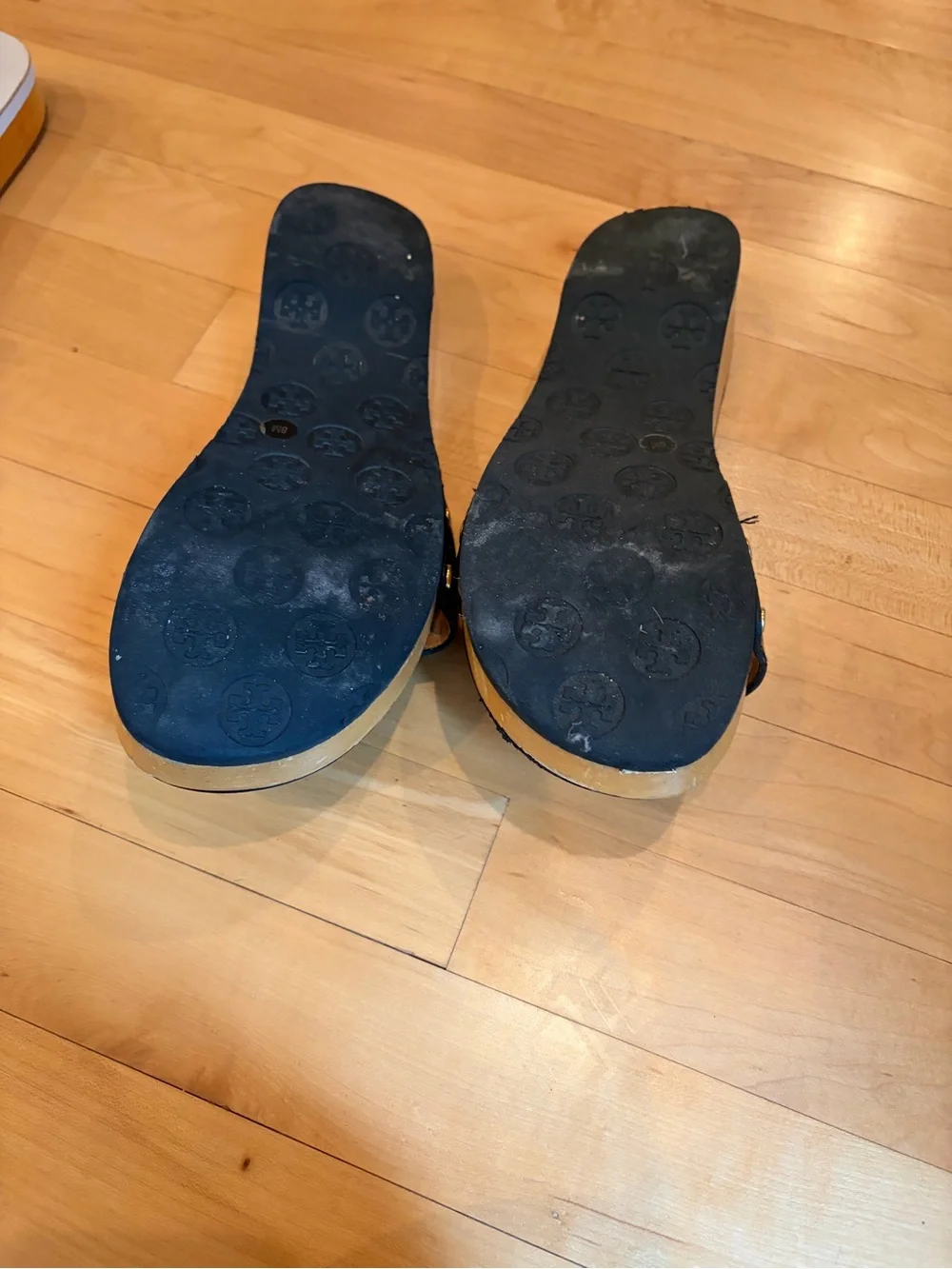 Tory Burch Black Patent Logo Slide Sandals with Yellow Accent Insole